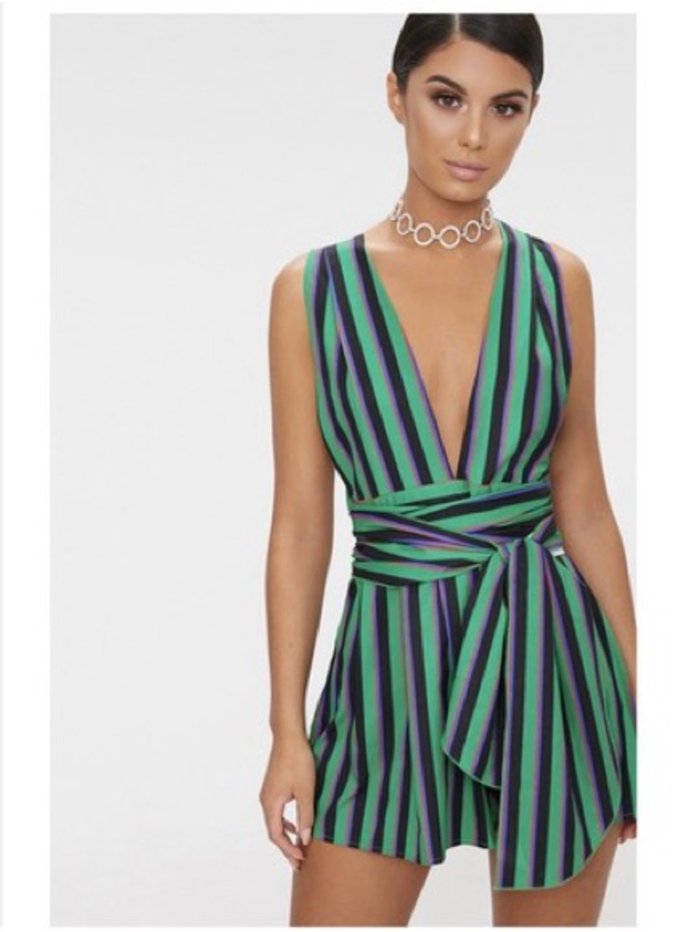 PrettyLittleThing Green Black Purple Striped Tie Back Romper Playsuit Y2K Style